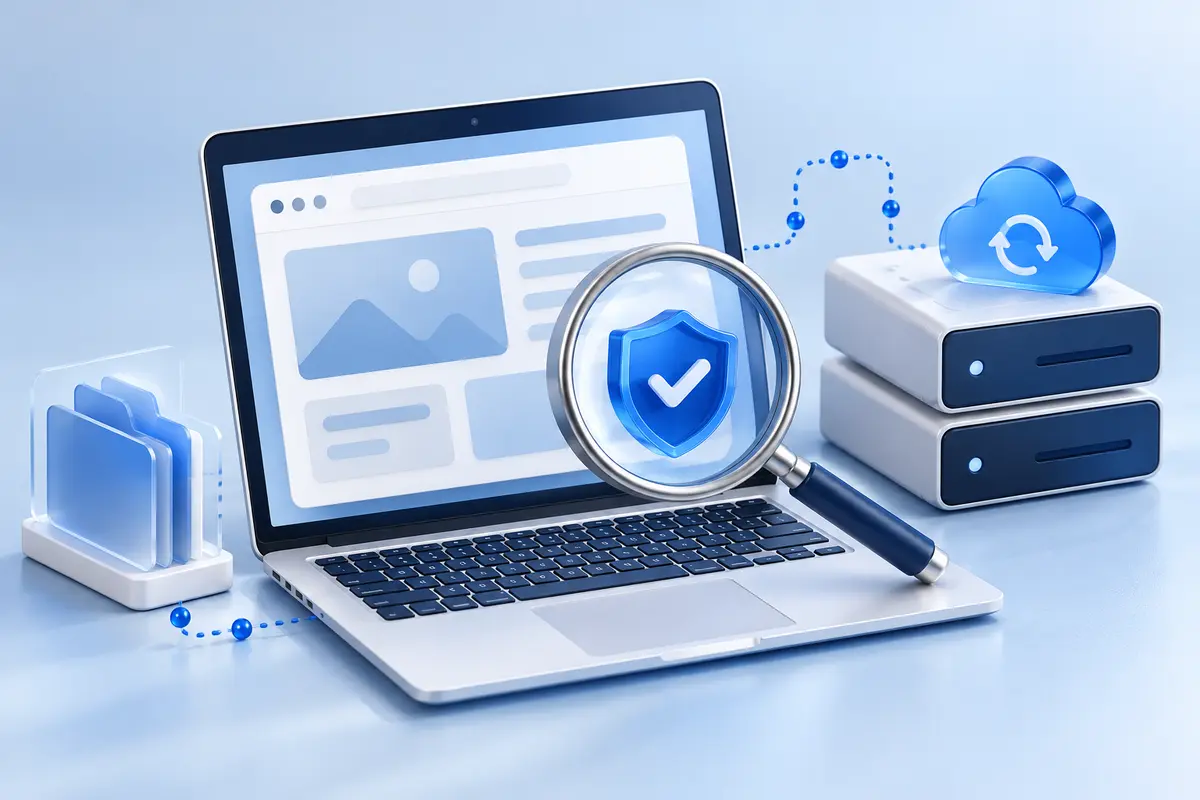 Minh họa kiểm tra website bằng kính lúp, lá chắn bảo mật và bản sao lưu.